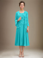 Vestido de gasa con encaje y lentejuelas para madre de la novia, corte A, escote redondo y largo hasta la rodilla 