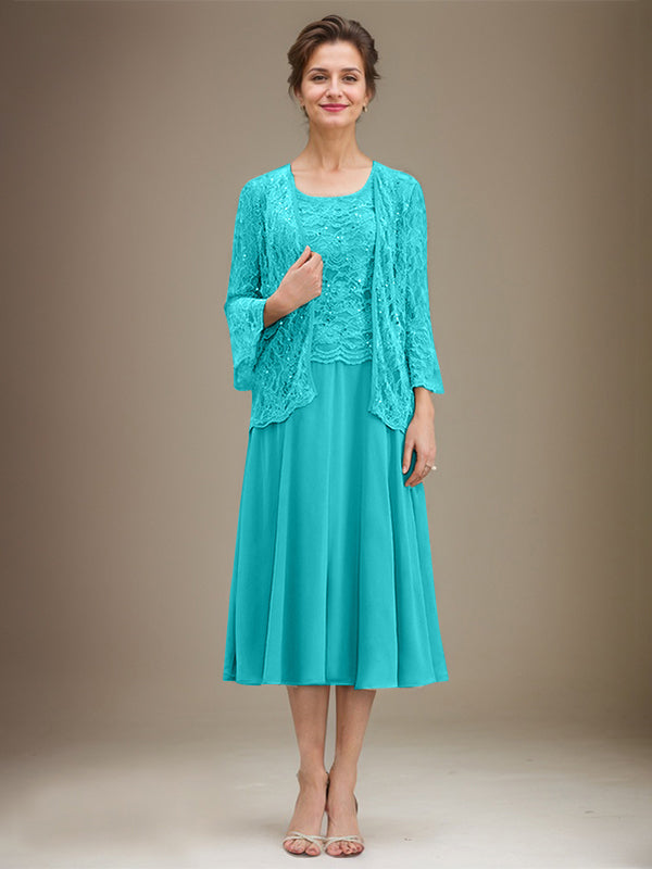 Vestido de gasa con encaje y lentejuelas para madre de la novia, corte A, escote redondo y largo hasta la rodilla 