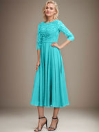 A-Linien-Kleid mit Rundhalsausschnitt, Teelänge, Spitze, Chiffon, Pailletten, für die Mutter der Braut