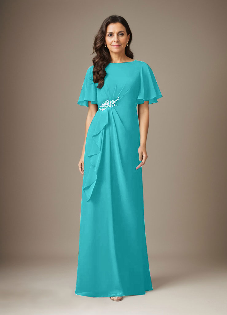Dunkelblaues Etuikleid aus Chiffon mit Perlenbesatz