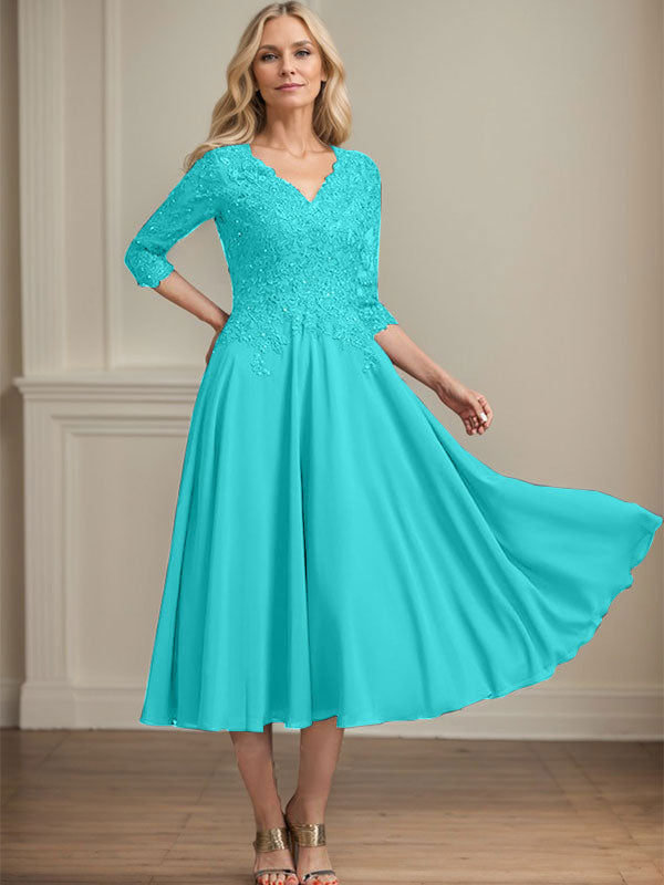 A-Linien-Kleid aus Chiffonspitze mit V-Ausschnitt, Teelänge, Perlen- und Paillettenstickerei für die Mutter der Braut 