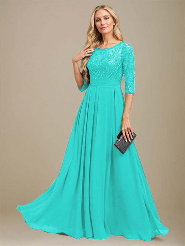 A-Linien-Kleid aus Chiffon mit Paillettenapplikationen und Rundhalsausschnitt, bodenlang, für die Mutter der Braut 