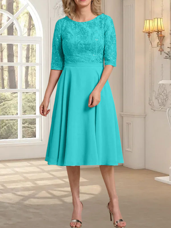 A-Linien-Kleid aus Chiffon mit Rundhalsausschnitt und knielangem Schnitt – das perfekte Kleid für die Mutter der Braut