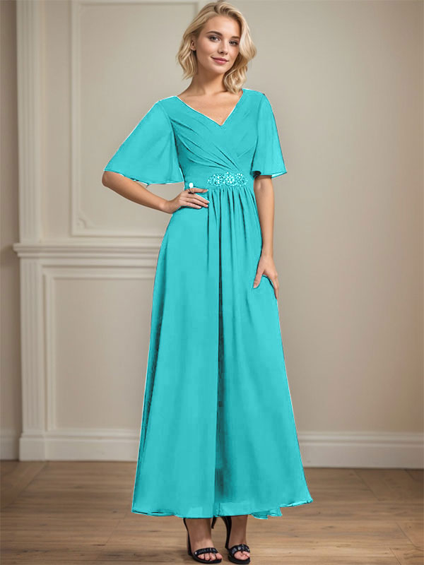A-Linien-Chiffonkleid mit V-Ausschnitt, Knöchellänge, plissierten Pailletten und Perlenstickerei für die Mutter der Braut