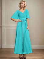 A-Linien-Chiffonkleid mit V-Ausschnitt, Knöchellänge, plissierten Pailletten und Perlenstickerei für die Mutter der Braut