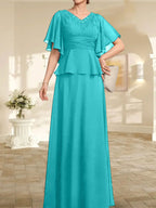 Vestido de gasa para madre de la novia, corte A, escote en V, largo hasta el suelo, con cuentas plisadas