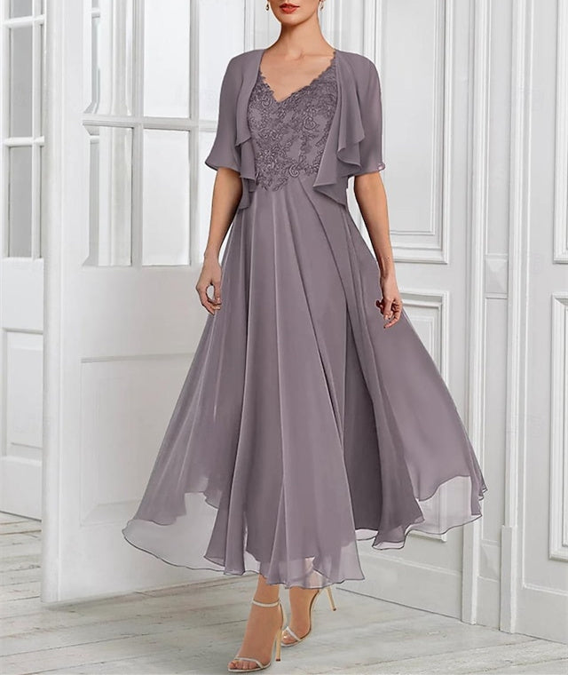 Vestidos de madre de la novia de gasa con escote en V, manga corta, corte A/princesa, con chaqueta de encaje, pliegues y apliques 