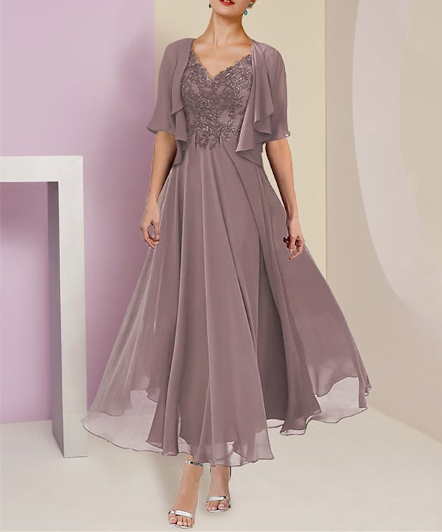 Vestidos de madre de la novia de gasa con escote en V, manga corta, corte A/princesa, con chaqueta de encaje, pliegues y apliques 