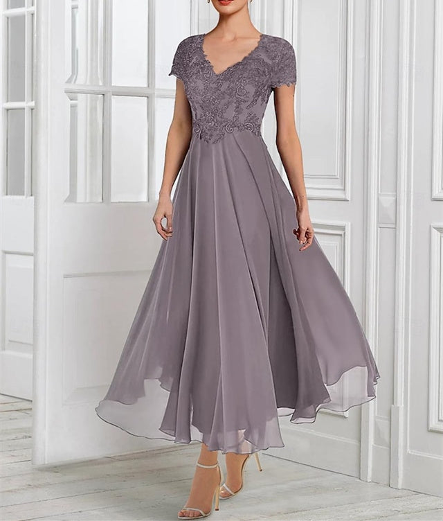 Vestidos de madre de la novia de gasa con escote en V, manga corta, corte A/princesa, con chaqueta de encaje, pliegues y apliques 