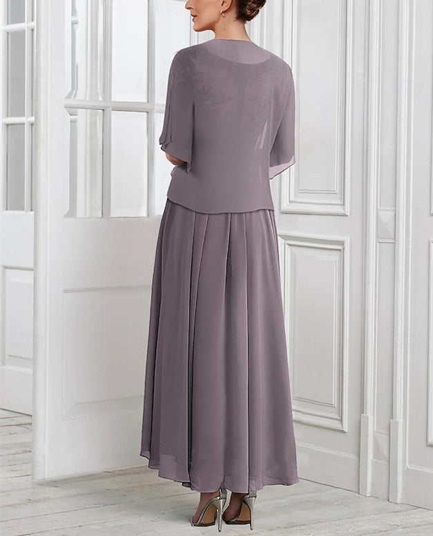 Vestidos de madre de la novia de gasa con escote en V, manga corta, corte A/princesa, con chaqueta de encaje, pliegues y apliques 
