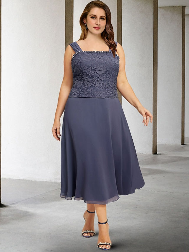 A-Linien-/Prinzessinnen-Kleid mit Spaghettiträgern und Teelänge für die Mutter der Braut 