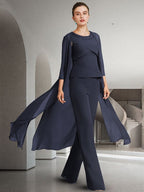 Trajes de pantalón de gasa con cuello joya para madre de la novia con chaqueta 