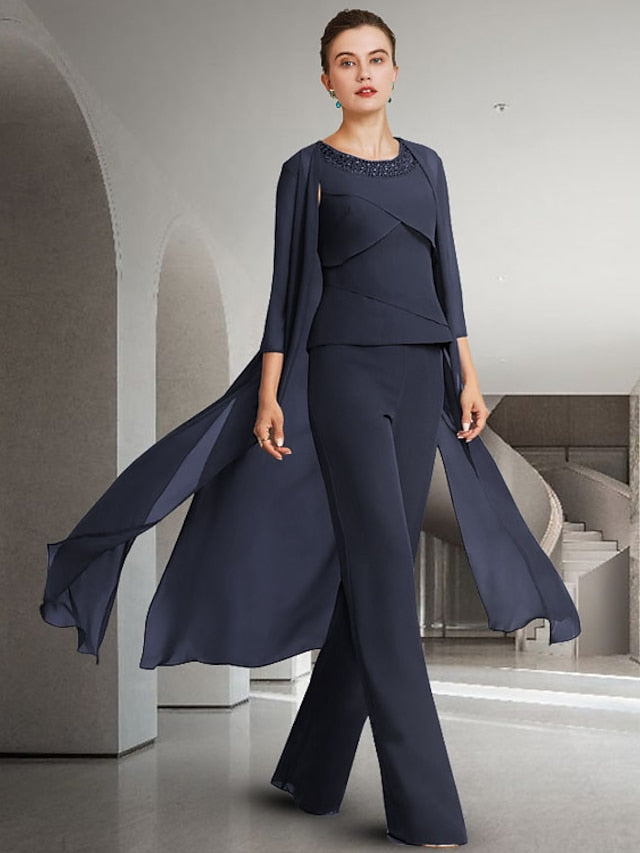 Chiffon-Hosenanzug mit Rundhalsausschnitt und Jacke für die Mutter der Braut 
