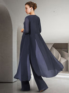 Trajes de pantalón de gasa con cuello joya para madre de la novia con chaqueta 