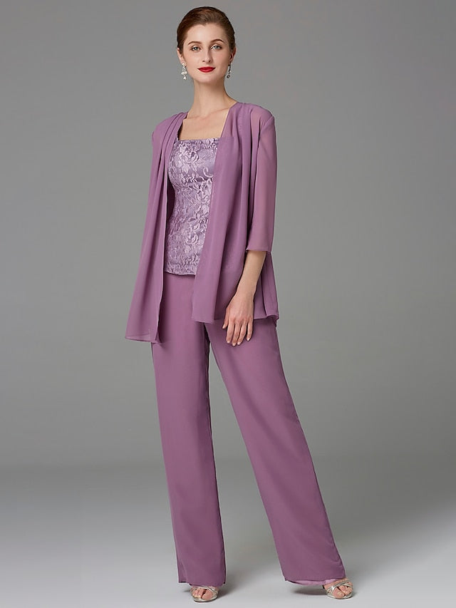 Chiffon-Hosenanzug mit eckigem Ausschnitt und passender Jacke für die Mutter der Braut 
