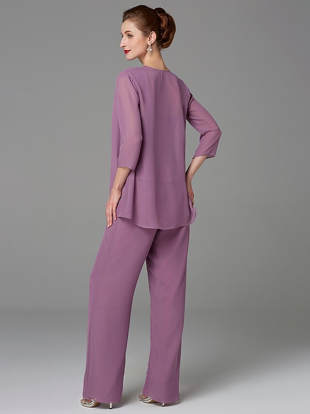 Chiffon-Hosenanzug mit eckigem Ausschnitt und passender Jacke für die Mutter der Braut 