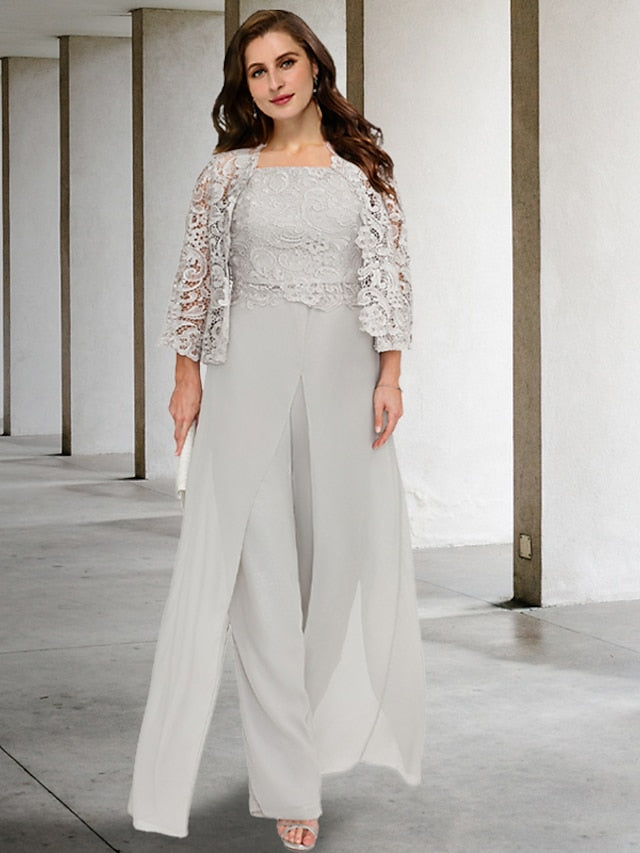 Chiffon-Hosenanzug mit eckigem Ausschnitt und passender Jacke für die Mutter der Braut 