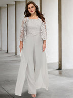 Chiffon-Hosenanzug mit eckigem Ausschnitt und passender Jacke für die Mutter der Braut 