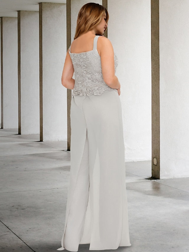 Chiffon-Hosenanzug mit eckigem Ausschnitt und passender Jacke für die Mutter der Braut 