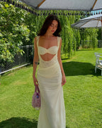 Unique Beige Sleeveless Lace Pleated Mermaid Prom Dress