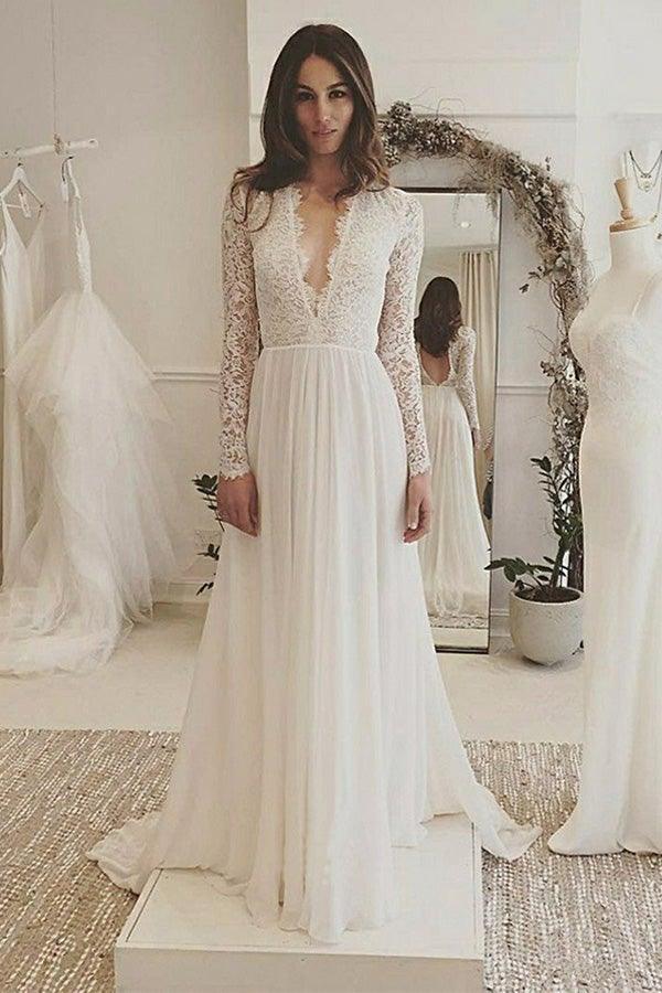 Hochzeitskleid aus elfenbeinfarbenem Chiffon mit V-Ausschnitt, langen Ärmeln, rückenfrei und Spitze