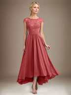 A-Linien-Kleid aus Chiffon mit asymmetrischem, plissiertem Spitzeneinsatz und Illusion-Ausschnitt für die Mutter der Braut 