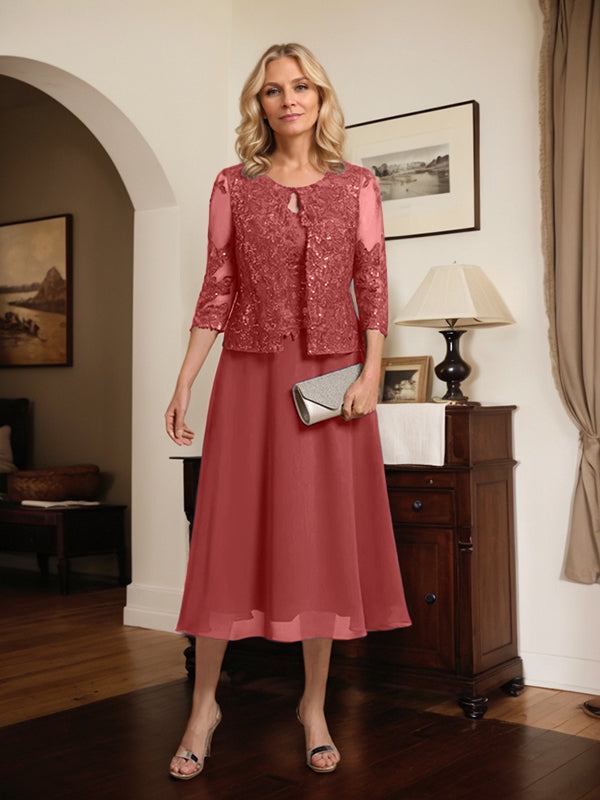 Vestido de gasa con encaje y lentejuelas para madre de la novia, corte A, escote redondo y largo hasta la rodilla 