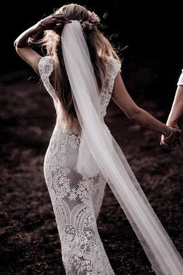 Vestidos de novia rústicos vintage de encaje con mangas casquillo estilo bohemio