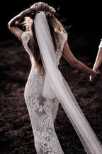 Vestidos de novia rústicos vintage de encaje con mangas casquillo estilo bohemio