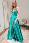 A-Linien-Abendkleid aus Satin mit Spaghettiträgern und Schlitz
