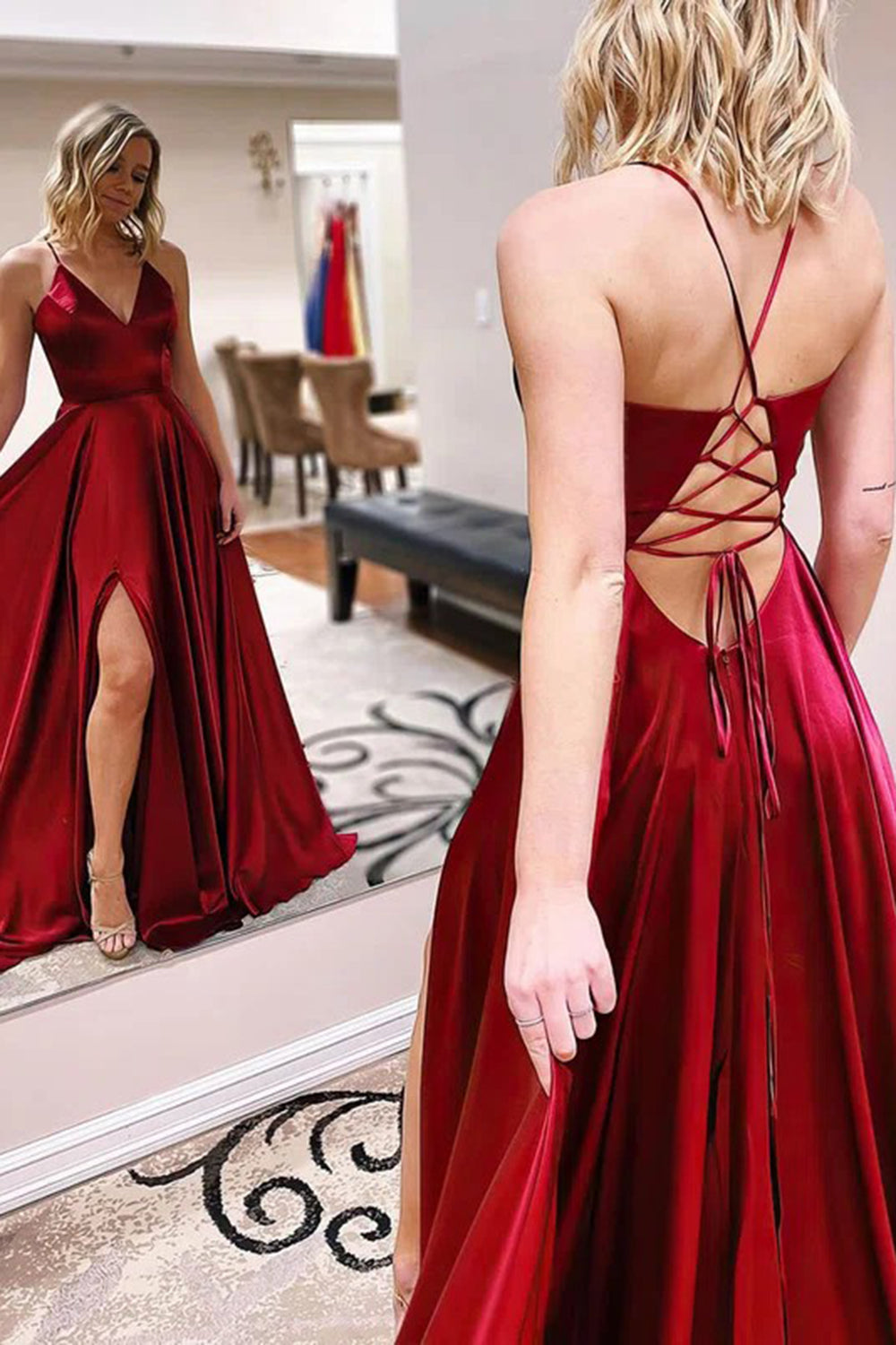 A-Linien-Abendkleid aus Satin mit Spaghettiträgern und Schlitz
