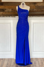 Meerjungfrauen-Abendkleid aus Jersey mit One-Shoulder-Schulter, Perlenbesatz und Schlitz