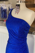 Meerjungfrauen-Abendkleid aus Jersey mit One-Shoulder-Schulter, Perlenbesatz und Schlitz