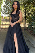 Vestido de fiesta de tul con escote en forma de corazón y abertura