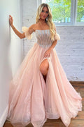 A-Linien-Trägerloses rosafarbenes Korsett-Organza-Abendkleid