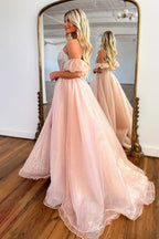A-Linien-Trägerloses rosafarbenes Korsett-Organza-Abendkleid