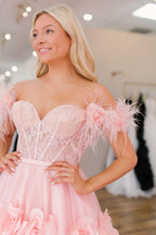 Prinzessinnen-A-Linien-Abendkleid aus Spitze und Tüll mit Carmen-Ausschnitt