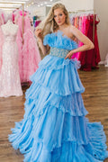 Langes, trägerloses A-Linien-Abendkleid mit Rüschen