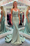 Grünes, langes Meerjungfrauen-Abendkleid mit Spaghettiträgern und Spitze