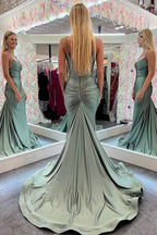 Grünes, langes Meerjungfrauen-Abendkleid mit Spaghettiträgern und Spitze