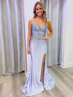 Mermaid Blue V-Neck Long Prom Dress
