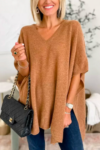 Suéter tipo poncho holgado de color liso con cuello en V en 10 colores