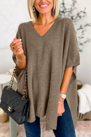 Suéter tipo poncho holgado de color liso con cuello en V en 10 colores
