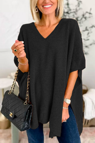 Suéter tipo poncho holgado de color liso con cuello en V en 10 colores