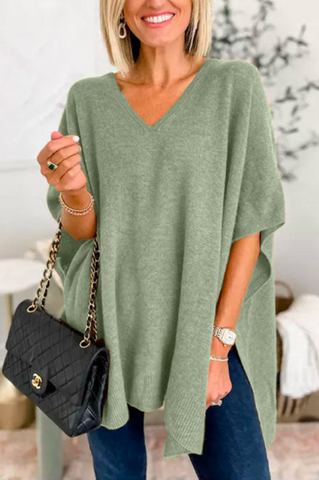 Suéter tipo poncho holgado de color liso con cuello en V en 10 colores