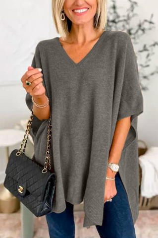 Suéter tipo poncho holgado de color liso con cuello en V en 10 colores