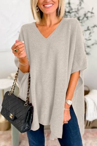 Suéter tipo poncho holgado de color liso con cuello en V en 10 colores