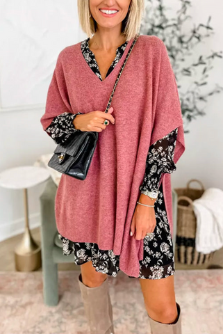 Suéter tipo poncho holgado de color liso con cuello en V en 10 colores