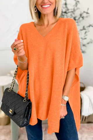 Suéter tipo poncho holgado de color liso con cuello en V en 10 colores