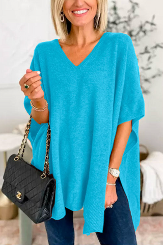 Suéter tipo poncho holgado de color liso con cuello en V en 10 colores